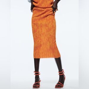 Zara Orange Jacquard Pencil Midi Skirt
